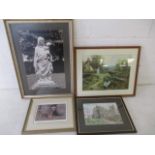 Four framed prints including, a photographic print of a statue, a limited edition print of Exeter