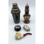 A small collection of items including two Limoges pots, silver plated sugar shaker, Meerschaum