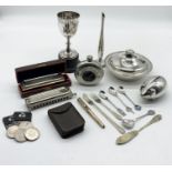 A collection of various items including silver plated, Hohner harmonicas, Shaeffer pen A/F,