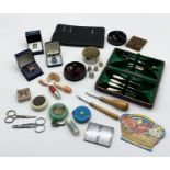 A collection of vintage sewing equipment including Royal Crown Derby thimble etc.