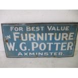 A vintage enamelled sign "For Best Value Furniture, W G Potter, Axminster", 60cm x 122cm