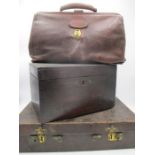 A Victorian mahogany sewing box, Gladstone style bag along with a leather suitcase (A/F)