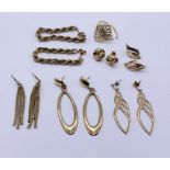 A collection of 9ct gold (some unmarked) earrings and scrap ring, total weight 12.1g
