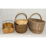 Two wicker baskets and two wooden trugs