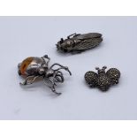 Three vintage "Bug" brooches- a moth, spider with amber body marked 925 along with a marcasite bee