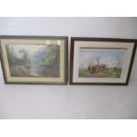Two framed prints, one of a fishing landscape scene titled "Peaceful Retreat" by Rex N Preston.