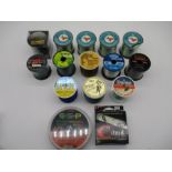 An assortment of fishing line including Kingfisher, Slycast, Coarse master, Daiwa and Spectra etc