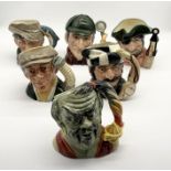 A collection of six Royal Doulton character jugs including The Poacher, The Trapper, The Smuggler,