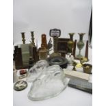A collection of miscellaneous items including rabbit jelly moulds, brassware etc.