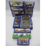 A collection of boxed Siku die-cast vehicles including rescue service sets, four double decker buses