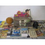 A collection of vintage toys and miscellaneous items including a Triang model cars and lorries