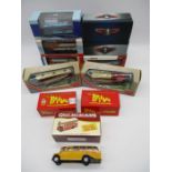 A collection of twelve die-cast buses (11 boxed) including Creative Master Stagecoach, South West