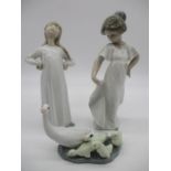 A Lladro figure of a girl, Lladro group of duck and ducklings along with a Nao figure of a girl