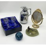 A collection of various items including an inkwell with cold painted bronze pheasant on onyx base,