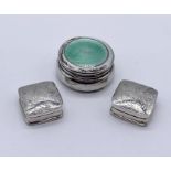 A pair of small Sterling silver pill boxes along with an enamelled silver lidded pot (A/F)