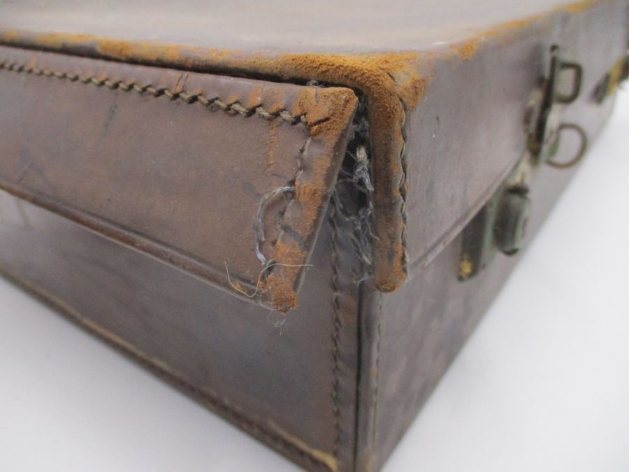 A Victorian mahogany sewing box, Gladstone style bag along with a leather suitcase (A/F) - Image 5 of 14