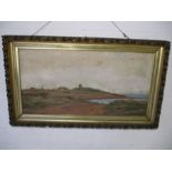 A turn of the Century oil landscape in ornate gilt frame, overall size 61cm x 106cm