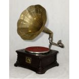 A HMV table gramophone with brass horn