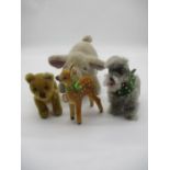 Four vintage Steiff soft animals, bear, dog, deer and pig, all with button.