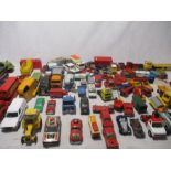 A selection of play worn vintage die cast including Corgi, Matchbox, Lesney etc