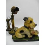 A centenary edition brass stick telephone along with a plaster dog "This your slipper"
