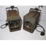 A pair of 500W Fresnel spotlights, made by the Strand Electric & Eng Co Ltd, London.