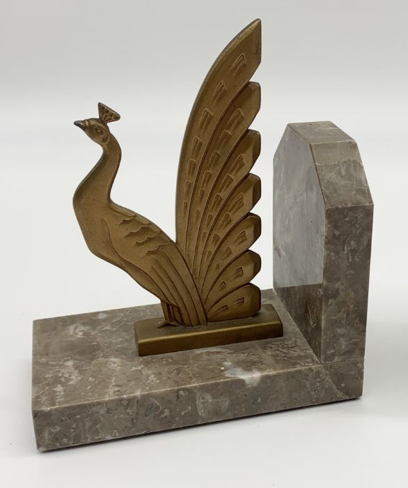 A pair of Art Deco copper patinated spelter peacock bookends on marble bases - Image 3 of 4