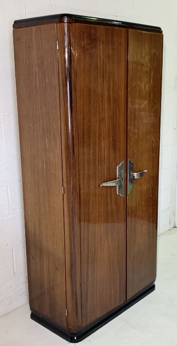 A rosewood Art Deco shelved wardrobe or storage cupboard with chrome handles and inlaid edges to - Image 2 of 5