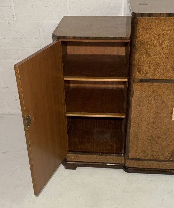 An Art Deco Amboyna cocktail cabinet with lift up top containing original mirror, juicer and - Image 6 of 7