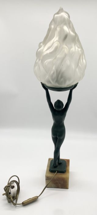 A green patinated Art Deco lamp in the form of a nude lady holding aloft a flame shaped glass - Image 5 of 5