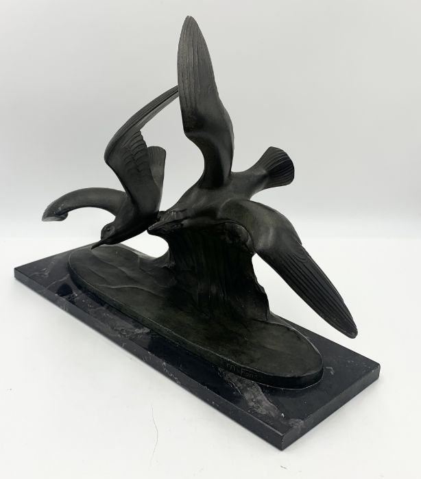 An Art Deco bronze effect study of flying birds signed M Font, France, on a black marble base, 12. - Image 3 of 5
