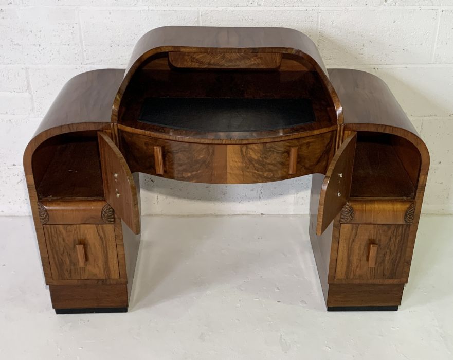 A burr walnut Art Deco ladies writing desk with leather top, six drawers and two further secret - Image 4 of 6