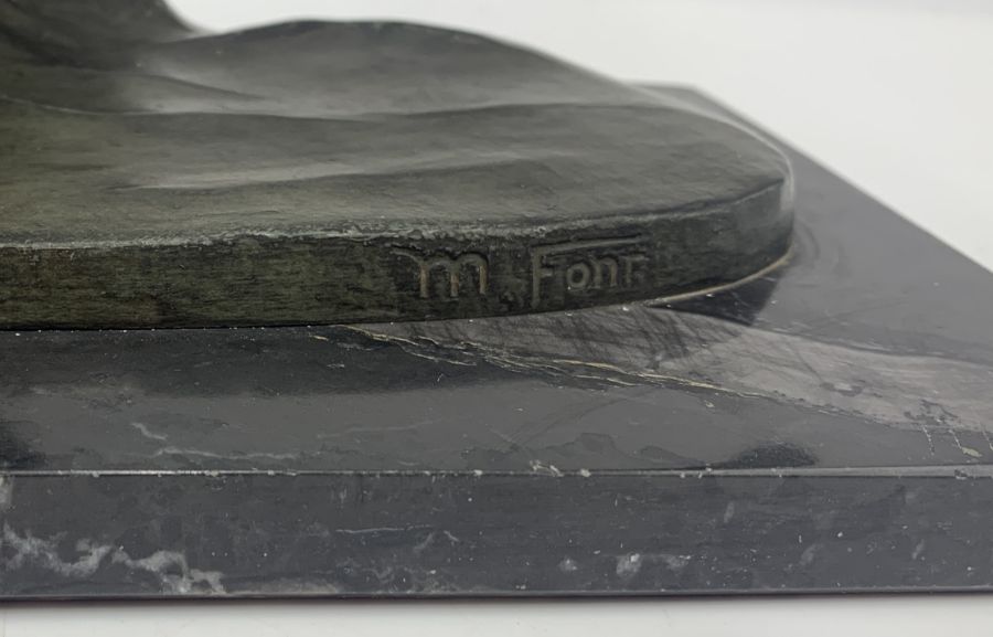 An Art Deco bronze effect study of flying birds signed M Font, France, on a black marble base, 12. - Image 2 of 5