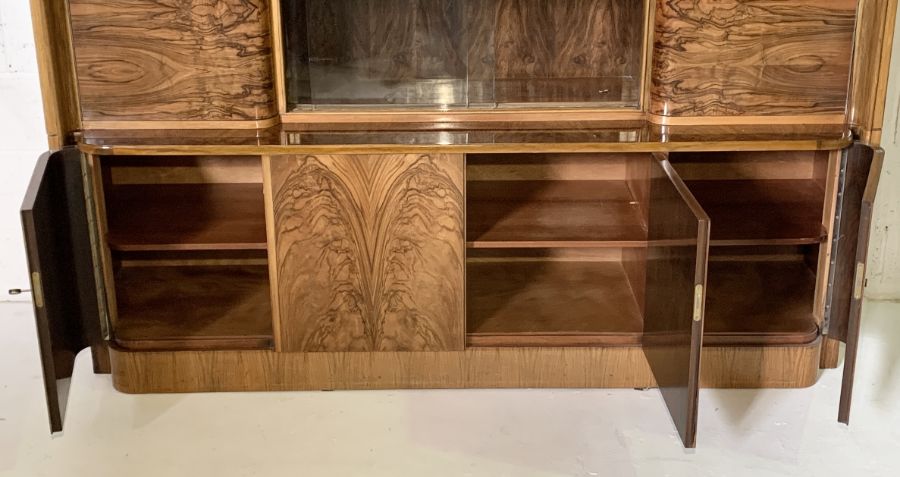 An Art Deco burr walnut bookcase with sliding glass doors and multiple cupboards - Image 5 of 5