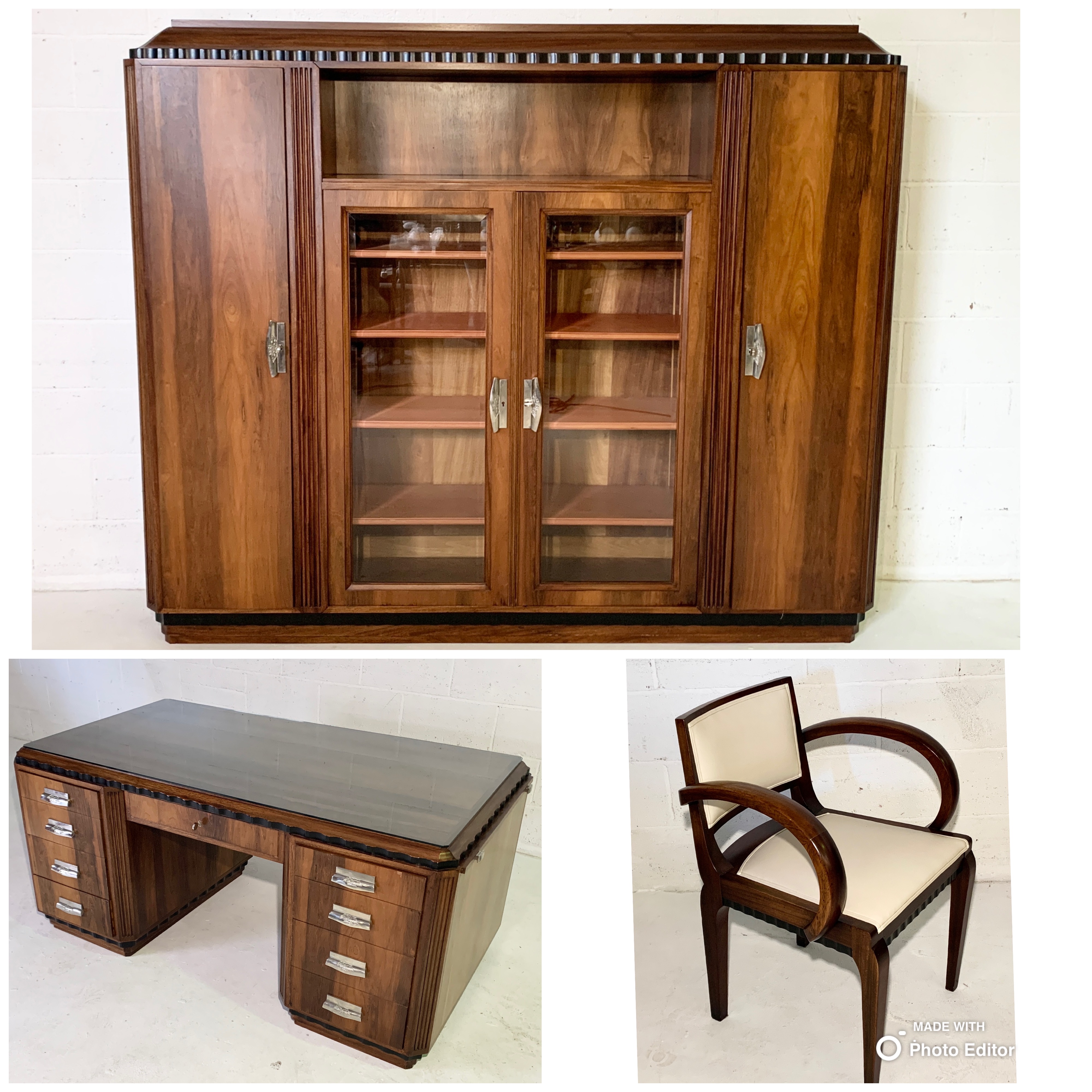 A French Art Deco rosewood office suite including partner's desk with pull out slides, bookcase