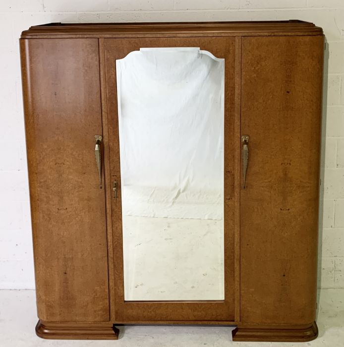 A French Art Deco Amboyna bedroom suite comprising of a double bed, triple wardrobe and pair of - Image 3 of 14
