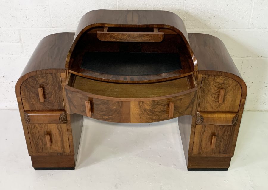 A burr walnut Art Deco ladies writing desk with leather top, six drawers and two further secret - Image 3 of 6