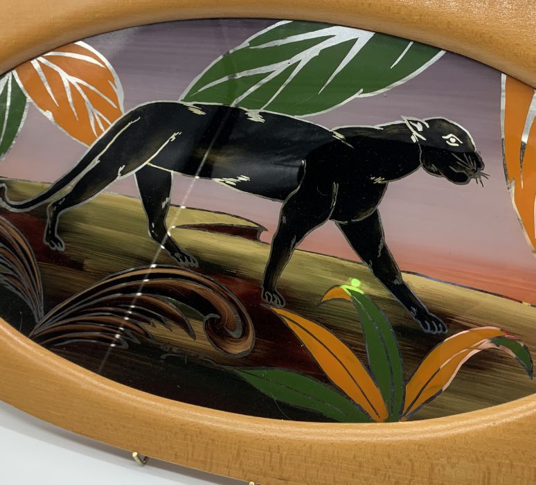 An Art Deco tray with back painted glass panel depicting a panther signed Dope - Image 2 of 3