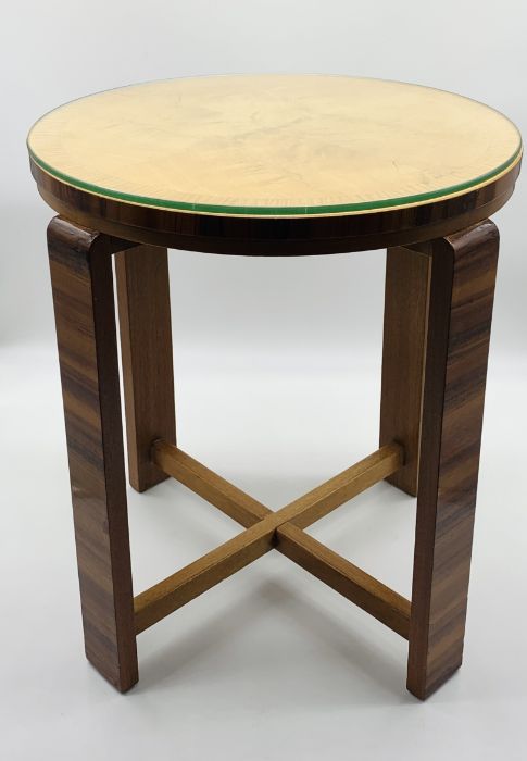 An Art Deco walnut and satinwood side table with glass top