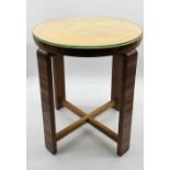 An Art Deco walnut and satinwood side table with glass top