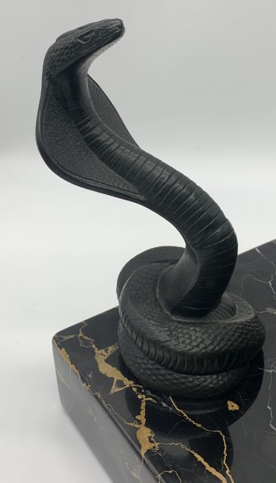 A large Art Deco spelter figure group on stepped marble base depicting a tiger and a cobra length - Image 4 of 4