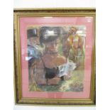 A framed pastel drawing on a lady at the races holding a race card- indistinct signature