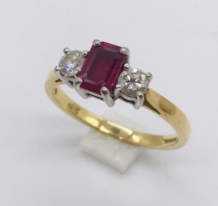 A diamond and ruby three stone ring set in 18ct gold - Image 2 of 3