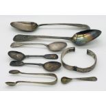 A collection of silver including Georgian spoon, silver bracelet (AF) etc. Overall weight 222.4g.