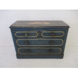 An antique painted pine chest of four drawers, with sailing ship to top, "Nymph 1872" to front.