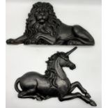 A pair of 19th century Victorian cast iron boot scrapers depicting a unicorn and lion. Front
