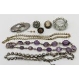 A collection of costume jewellery including 925 silver, a millefiori brooch, amethyst coloured