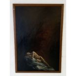 A large painting of a reclining male nude by Michelle Pocock. Overall size 129cm x 89cm