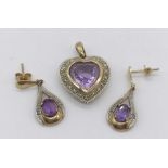 A 9ct gold heart shaped pendant with earrings set with amethysts and diamonds, total weight 6.1g