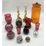 A collection of various art glass etc including two paperweights (one with indistinct signature)